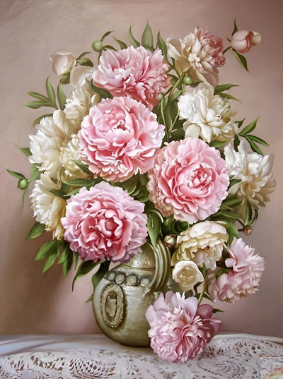 Pivoines Roses et Blanches Broderie Diamant