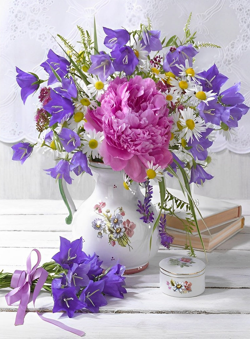 Pivoines Roses et Fleurs Violettes Broderie Diamant