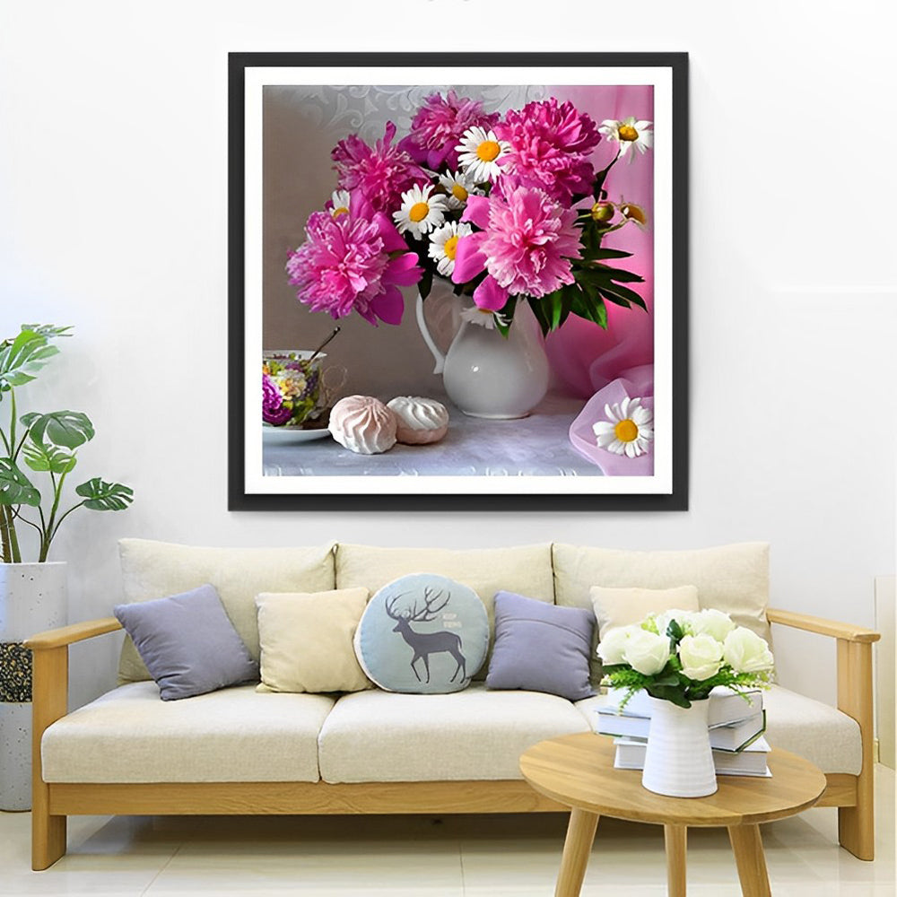 Pivoines Roses et Marguerites Blanches Fleur Broderie Diamant