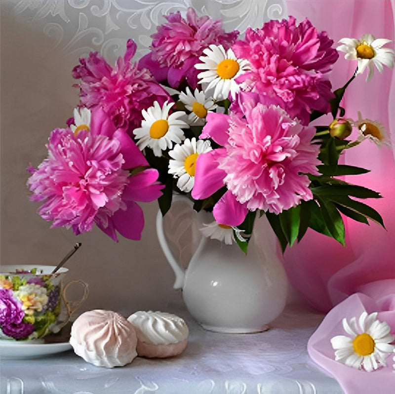 Pivoines Roses et Marguerites Blanches Fleur Broderie Diamant