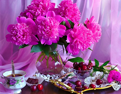 Pivoines Voilettes et Cerises Broderie Diamant