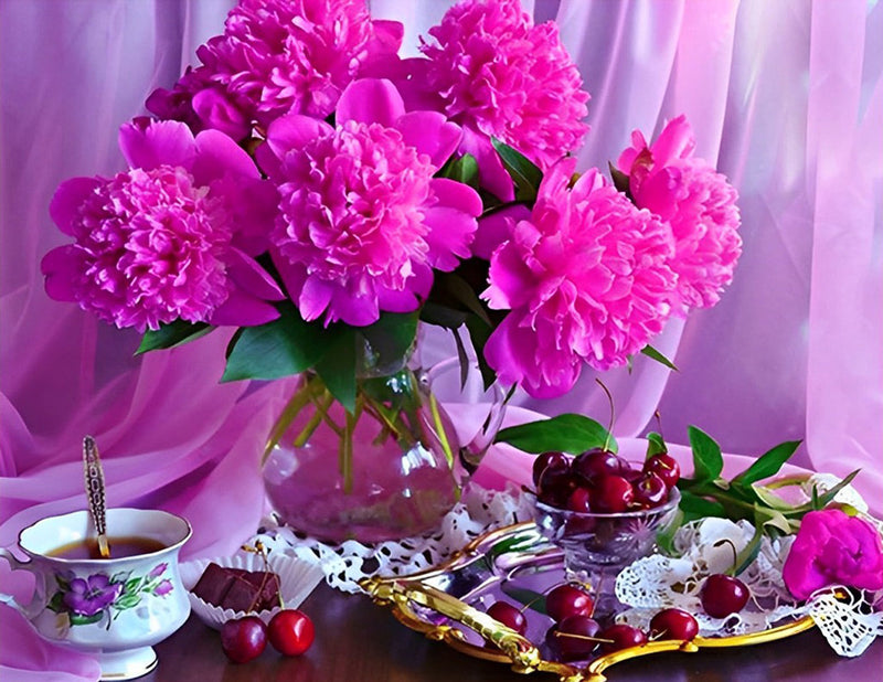 Pivoines Voilettes et Cerises Broderie Diamant