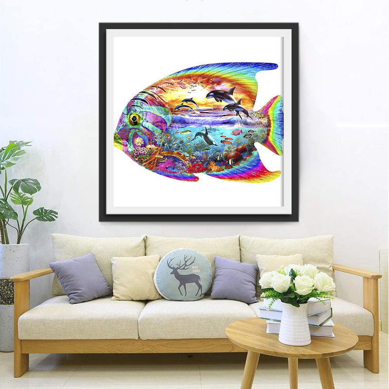 Poisson Coloré et Dauphin Broderie Diamant