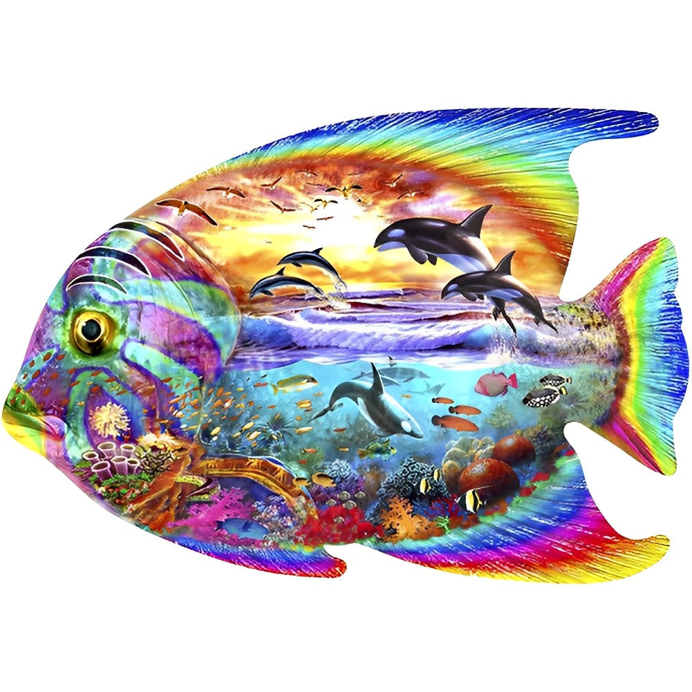 Poisson Coloré et Dauphin Broderie Diamant