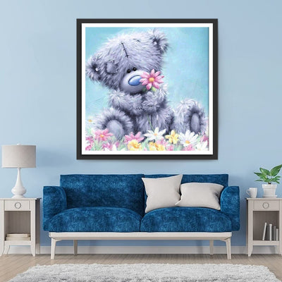 Poupée d'Ours Gris et Fleur Rose Broderie Diamant