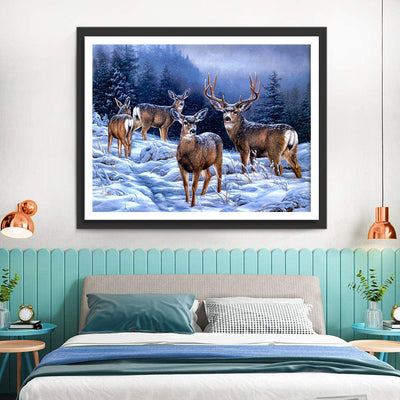Quatre Cerfs dans la Neige Broderie Diamant