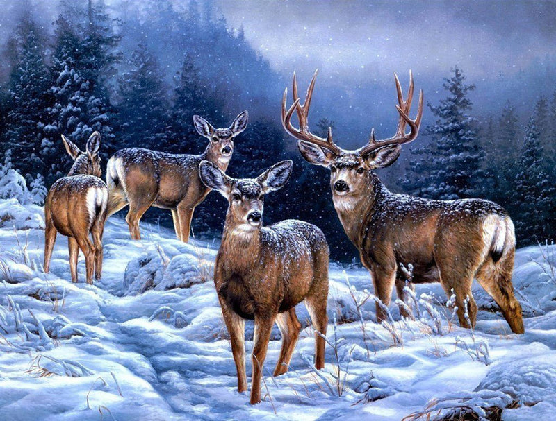 Quatre Cerfs dans la Neige Broderie Diamant