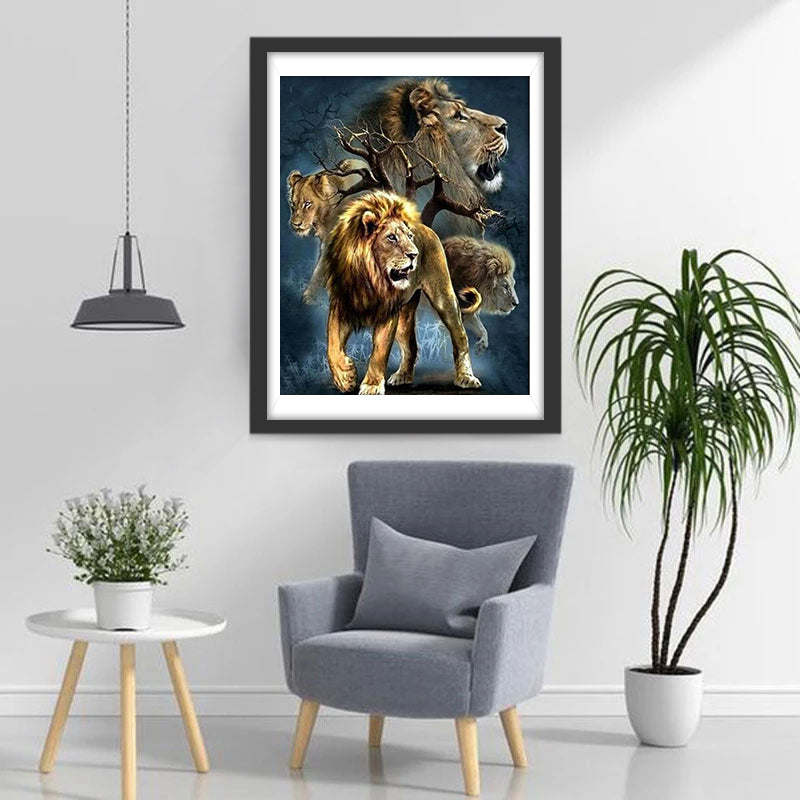 Quatre Lions et un Arbre Mort Broderie Diamant