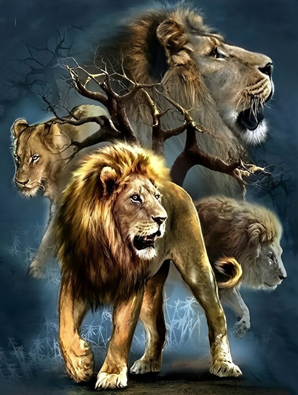 Quatre Lions et un Arbre Mort Broderie Diamant