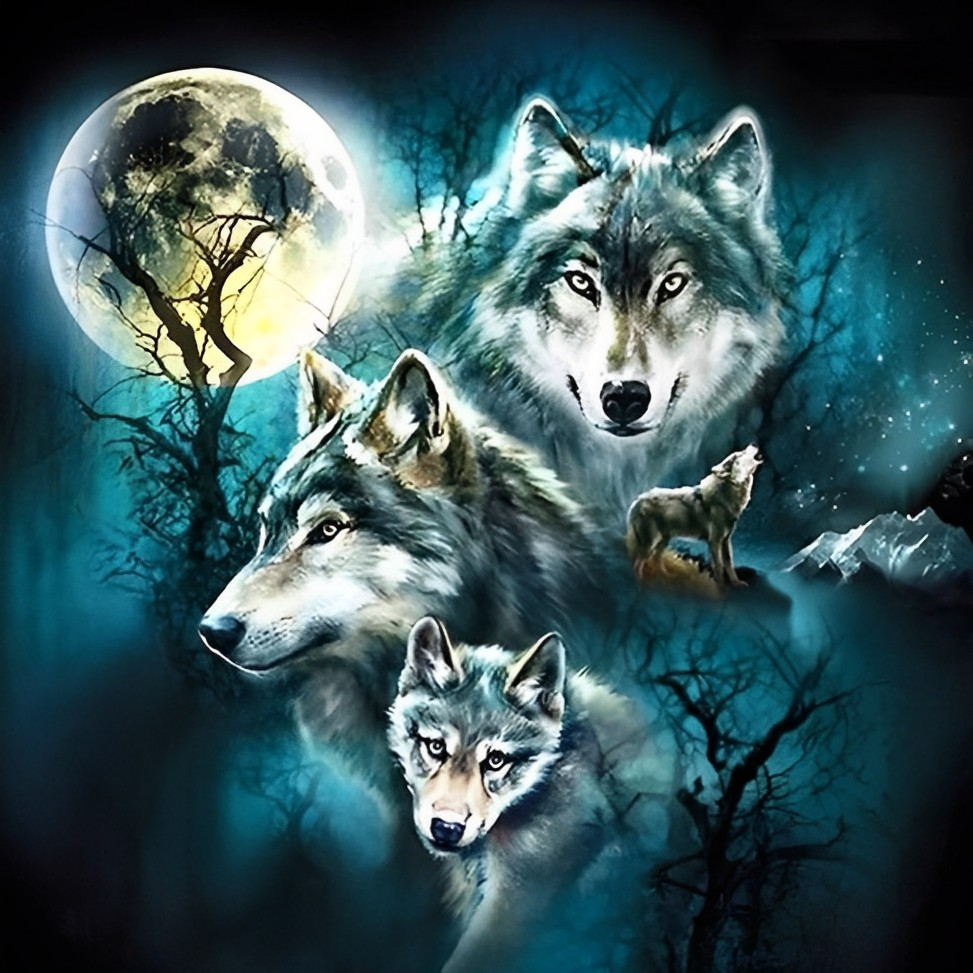 Quatre Loups et Lune Broderie Diamant