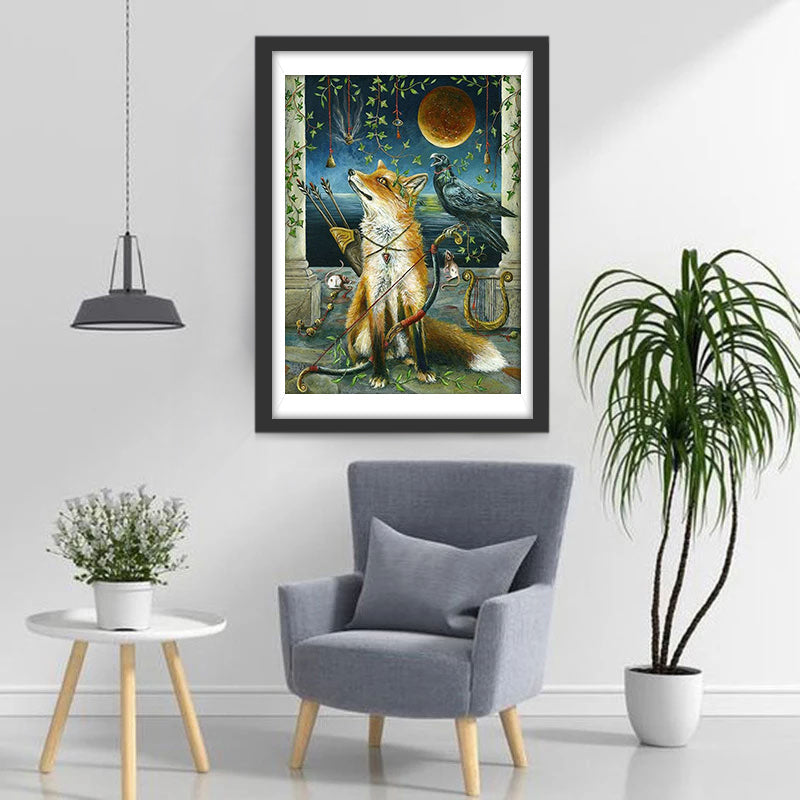 Renard, Corbeau et la Lune Broderie Diamant