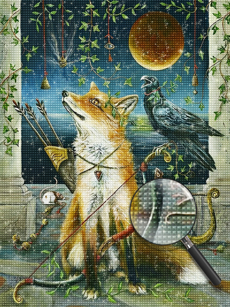 Renard, Corbeau et la Lune Broderie Diamant