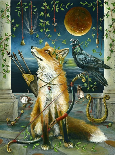Renard, Corbeau et la Lune Broderie Diamant