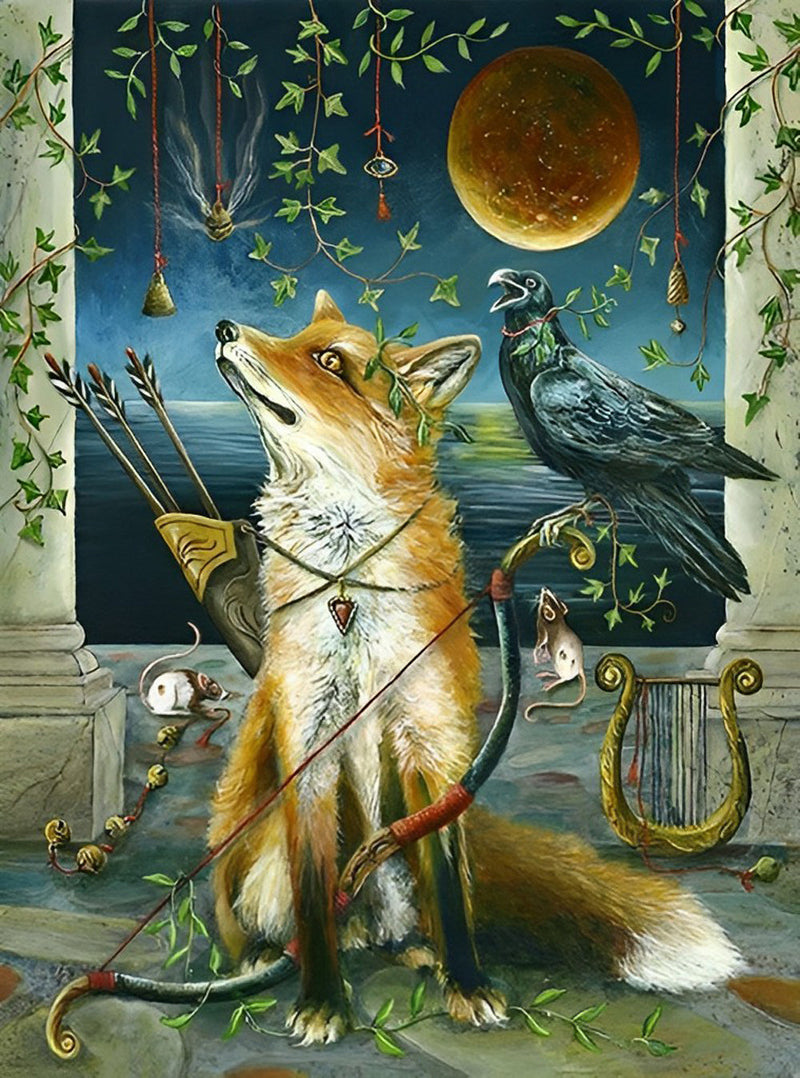 Renard, Corbeau et la Lune Broderie Diamant