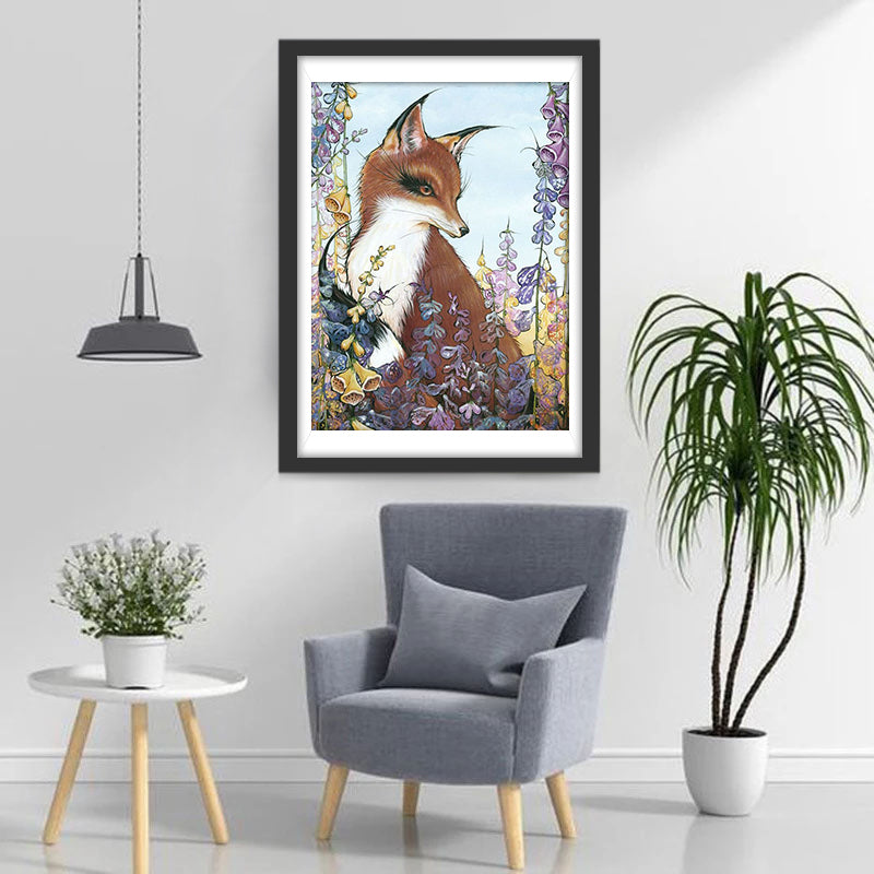 Renard et Fleurs Violettes Broderie Diamant