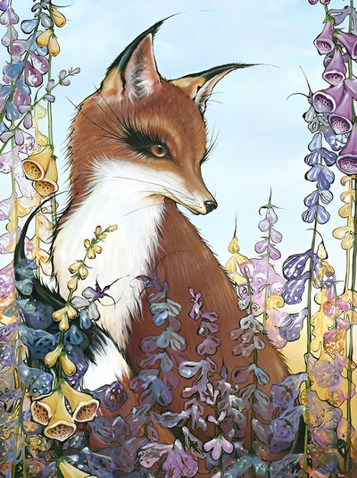 Renard et Fleurs Violettes Broderie Diamant