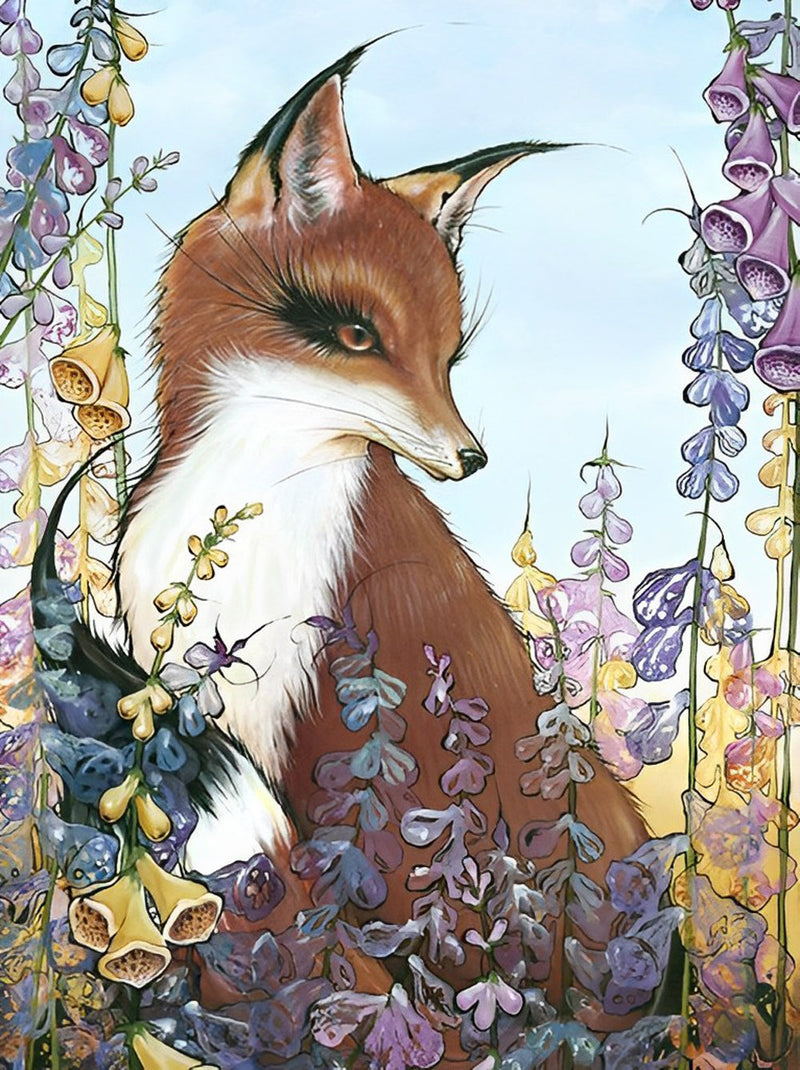 Renard et Fleurs Violettes Broderie Diamant