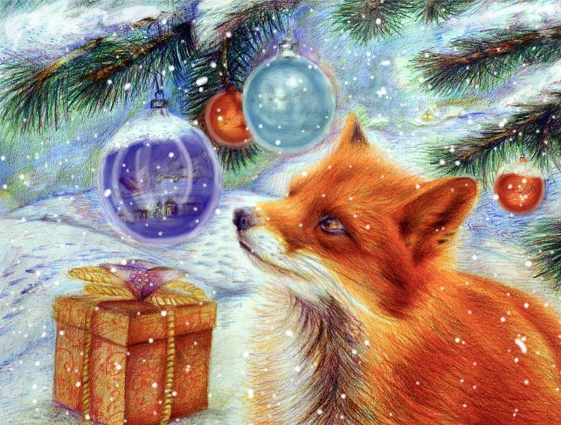 Renard Roux et Boules Colorées dans la Neige Broderie Diamant
