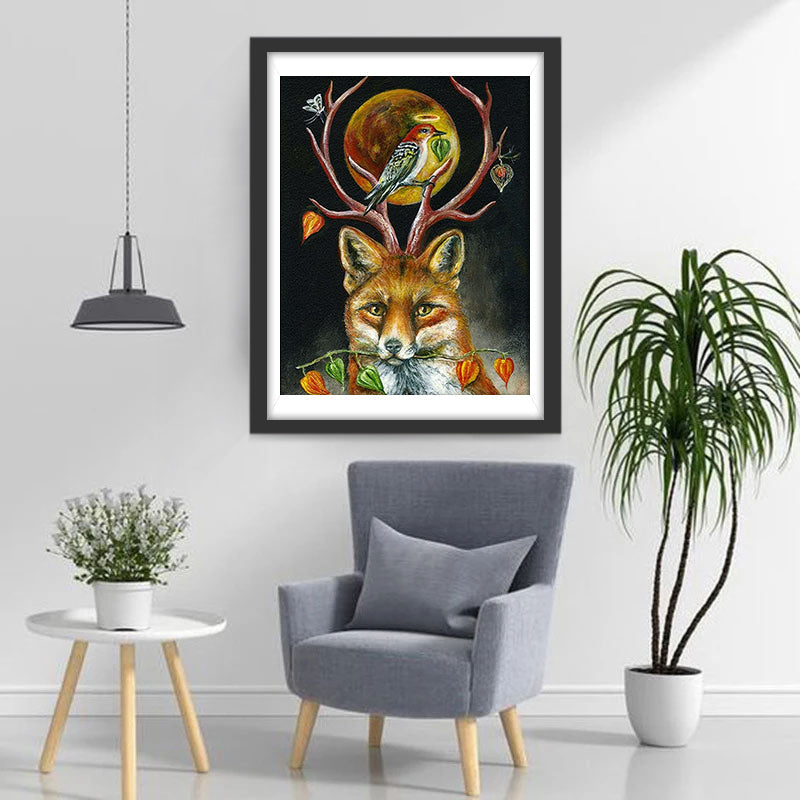 Renard Roux et Lune Jaune Broderie Diamant
