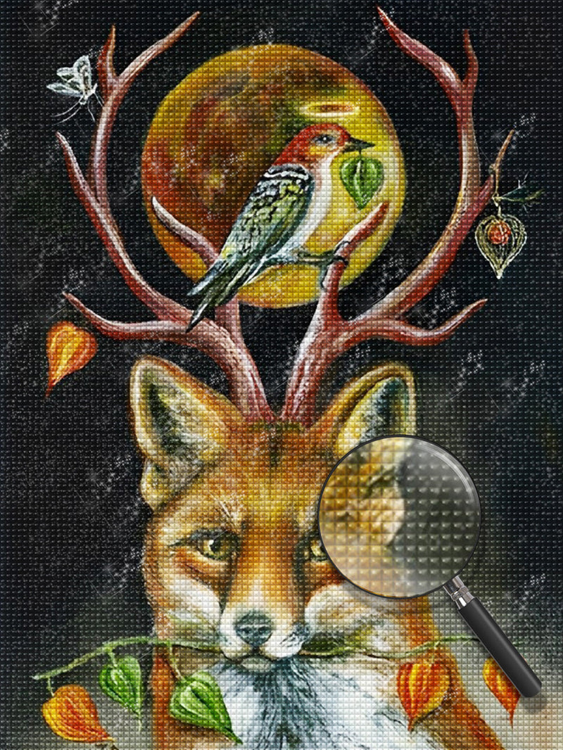 Renard Roux et Lune Jaune Broderie Diamant
