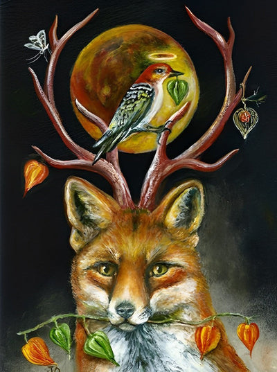 Renard Roux et Lune Jaune Broderie Diamant