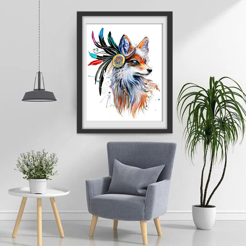 Renard Roux et Plumes Colorées Broderie Diamant