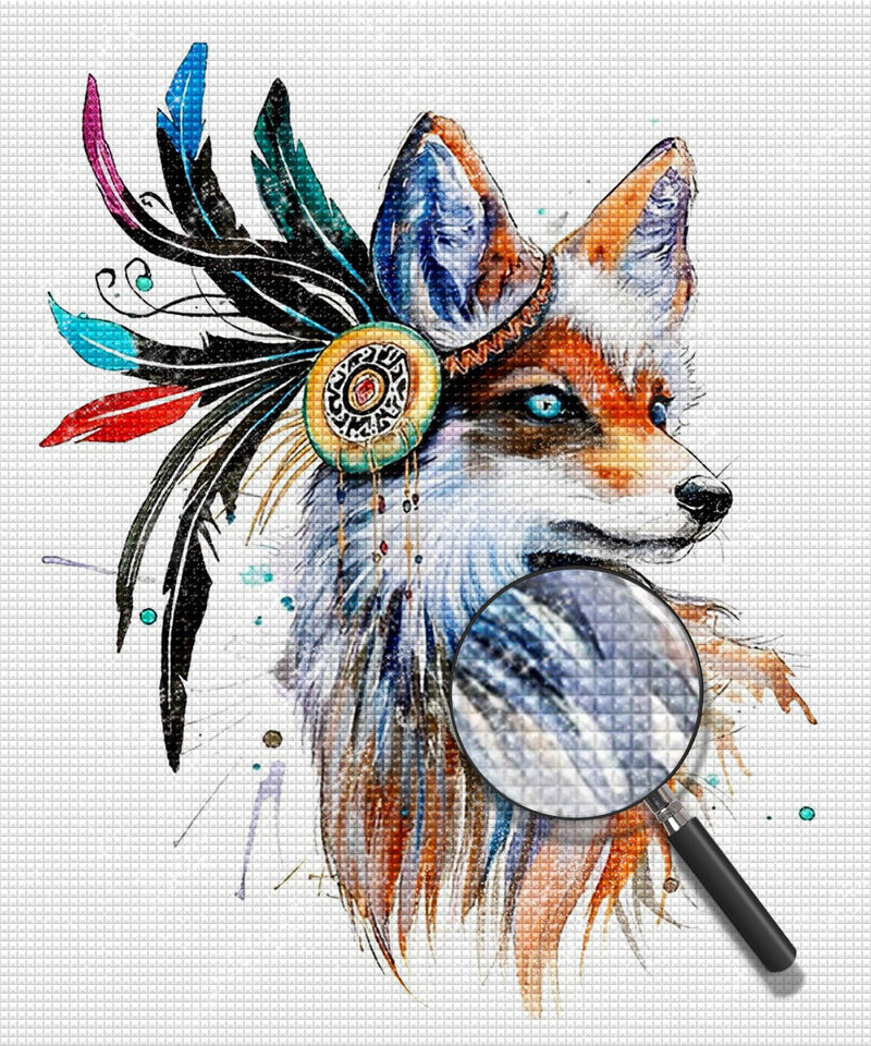 Renard Roux et Plumes Colorées Broderie Diamant