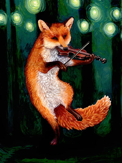 Renard Roux Jouant du Violon Broderie Diamant