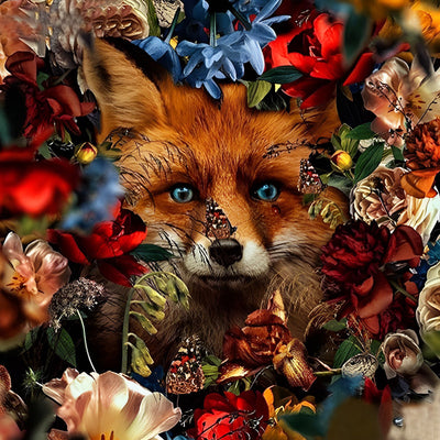 Renardeau Roux et les Fleurs Colorées Broderie Diamant