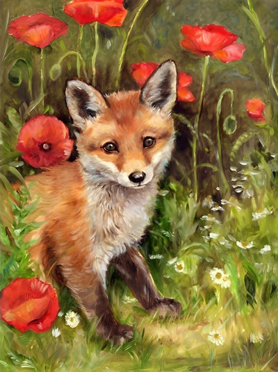 Renardeau Roux et les Fleurs Rouges Broderie Diamant