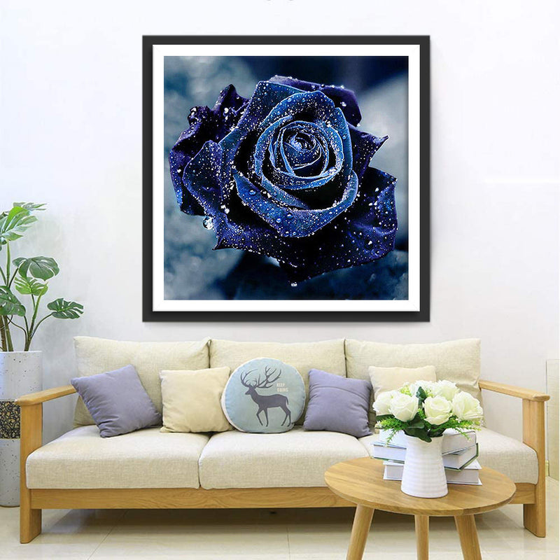 Rose Bleue avec des Rosées Broderie Diamant