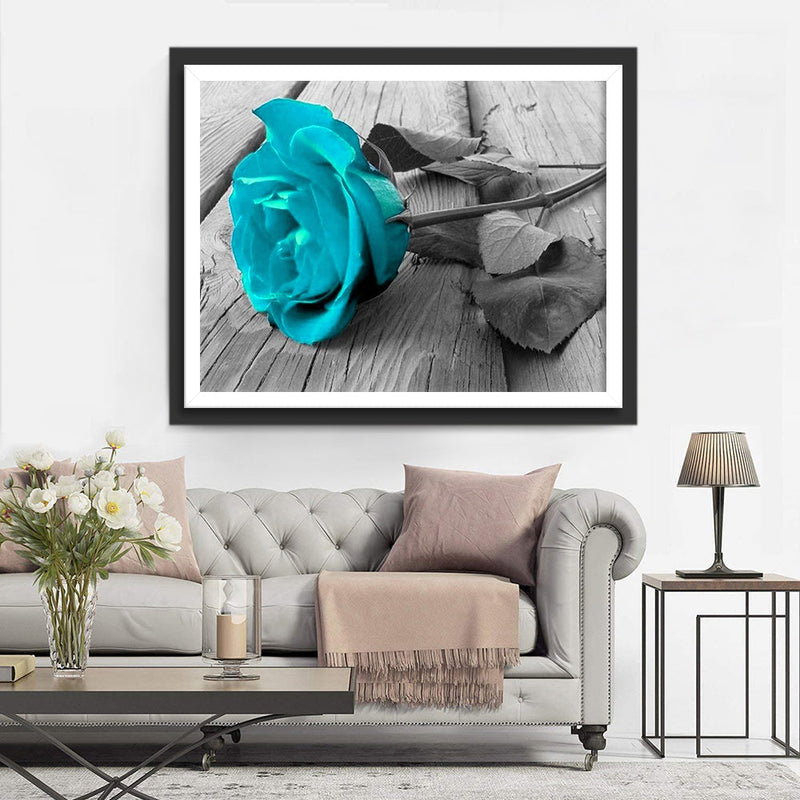 Rose Bleue sur Bois Broderie Diamant