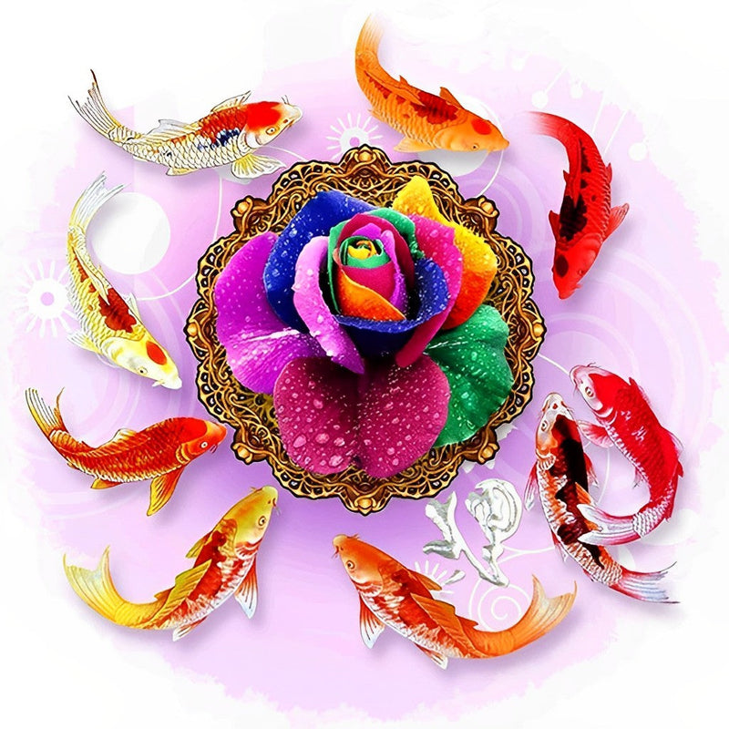 Rose Colorée et Carpes Koïs Broderie Diamant
