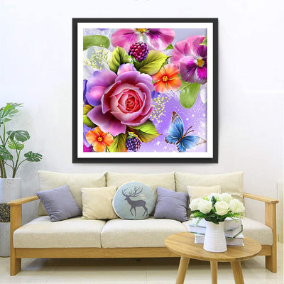 Rose et Iris avec Papillon Bleu Broderie Diamant