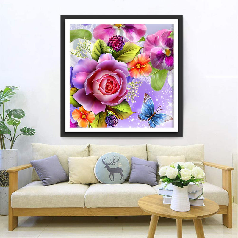 Rose et Iris avec Papillon Bleu Broderie Diamant