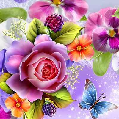 Rose et Iris avec Papillon Bleu Broderie Diamant