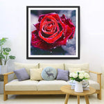 Rose Rouge avec des Rosées Broderie Diamant