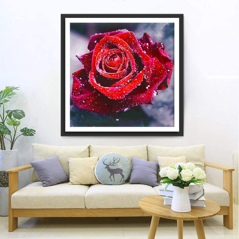 Rose Rouge avec des Rosées Broderie Diamant