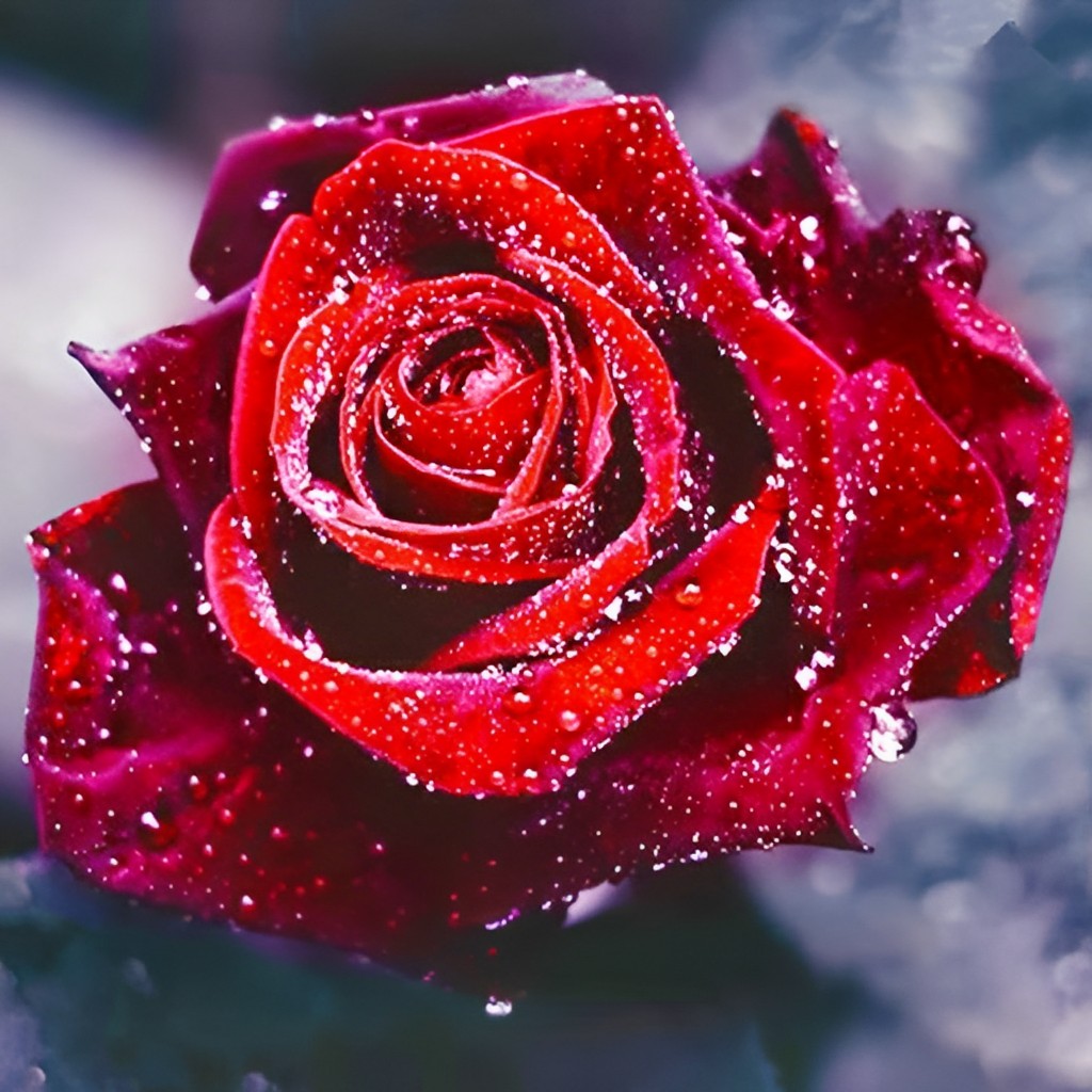 Rose Rouge avec des Rosées Broderie Diamant