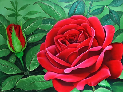 Rose Rouge et Bouton Broderie Diamant