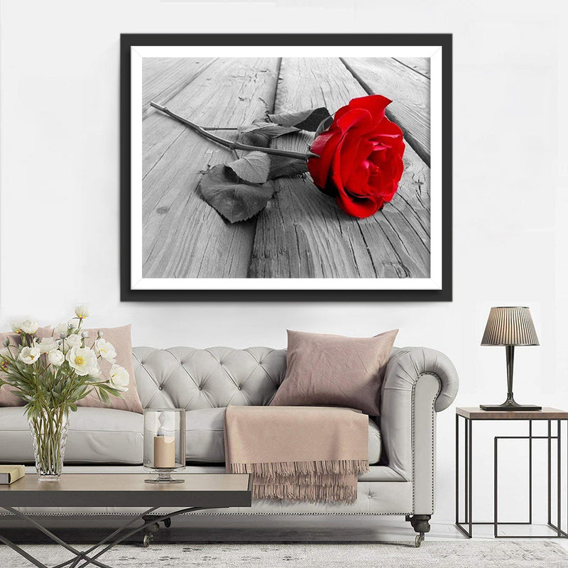 Rose Rouge sur Bois Broderie Diamant