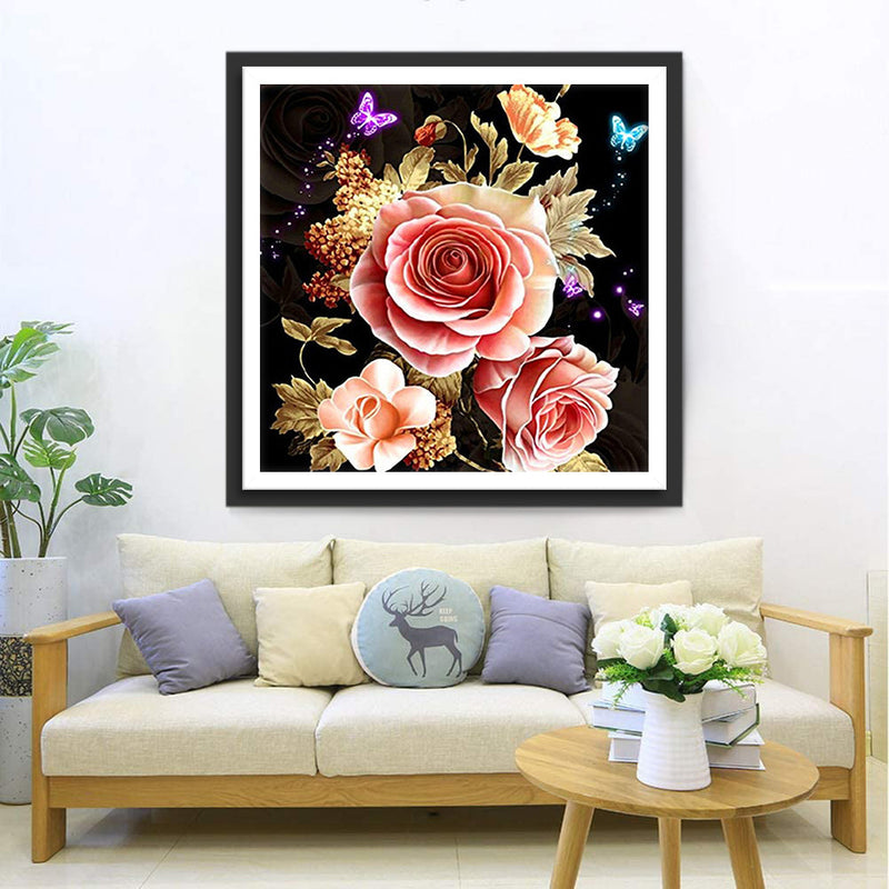 Roses avec des Feuilles Dorées Broderie Diamant