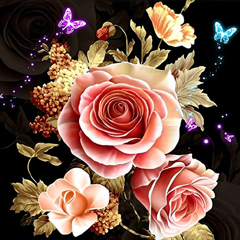 Roses avec des Feuilles Dorées Broderie Diamant