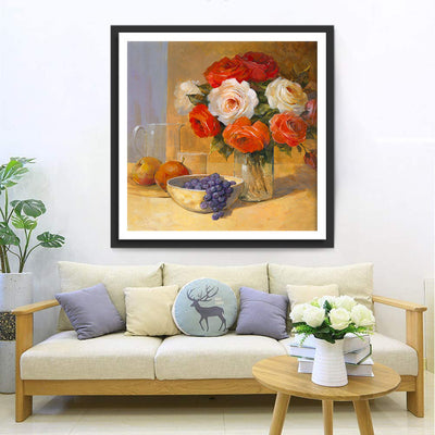 Roses Blanches et Rouges avec des Fruits Broderie Diamant