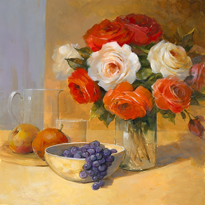 Roses Blanches et Rouges avec des Fruits Broderie Diamant