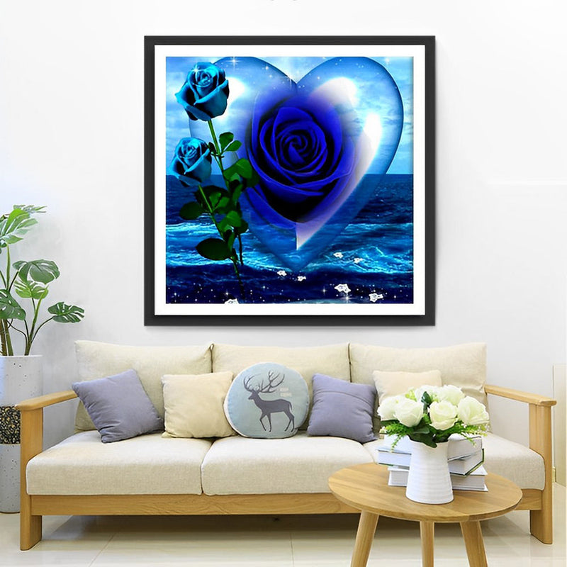 Roses Bleues et Cœur Broderie Diamant
