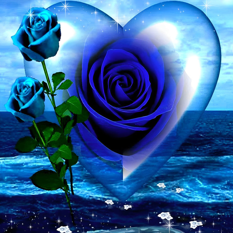 Roses Bleues et Cœur Broderie Diamant