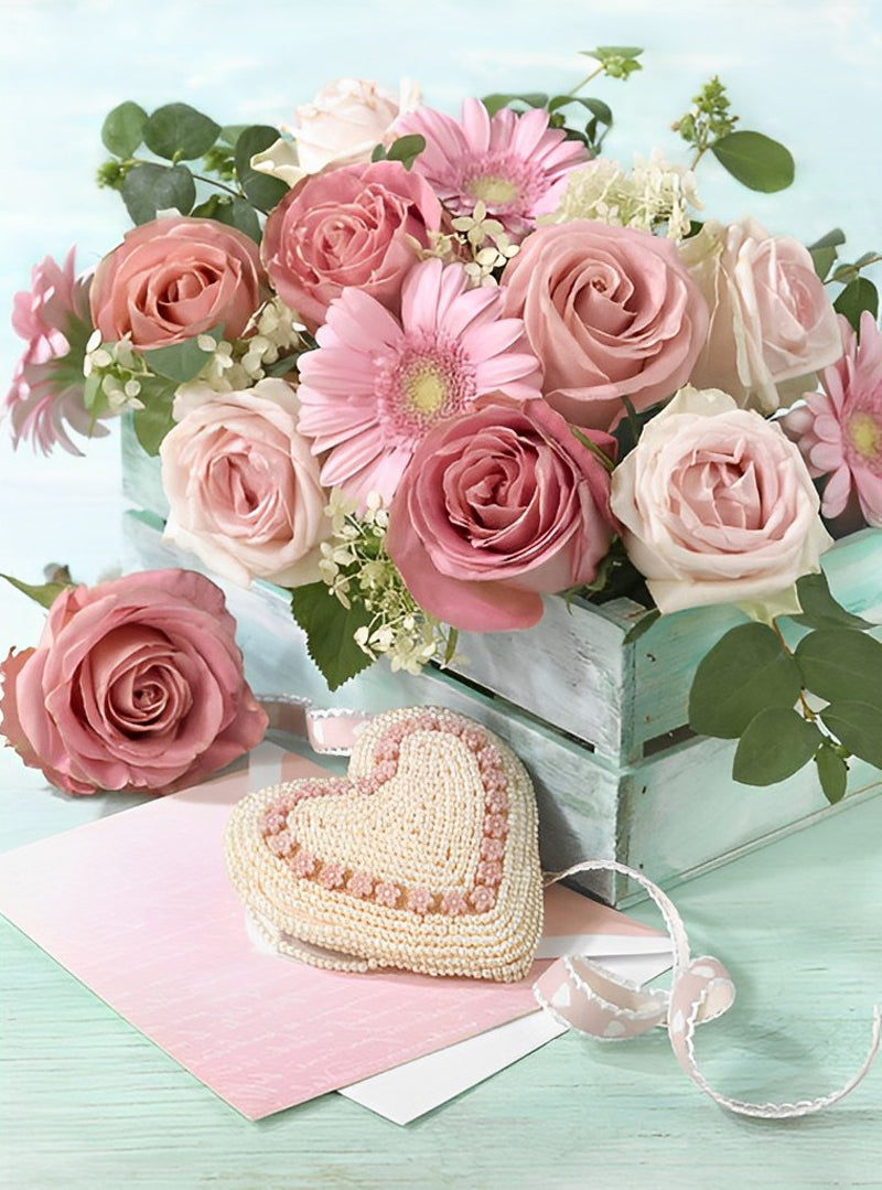 Roses et Coeur Broderie Diamant