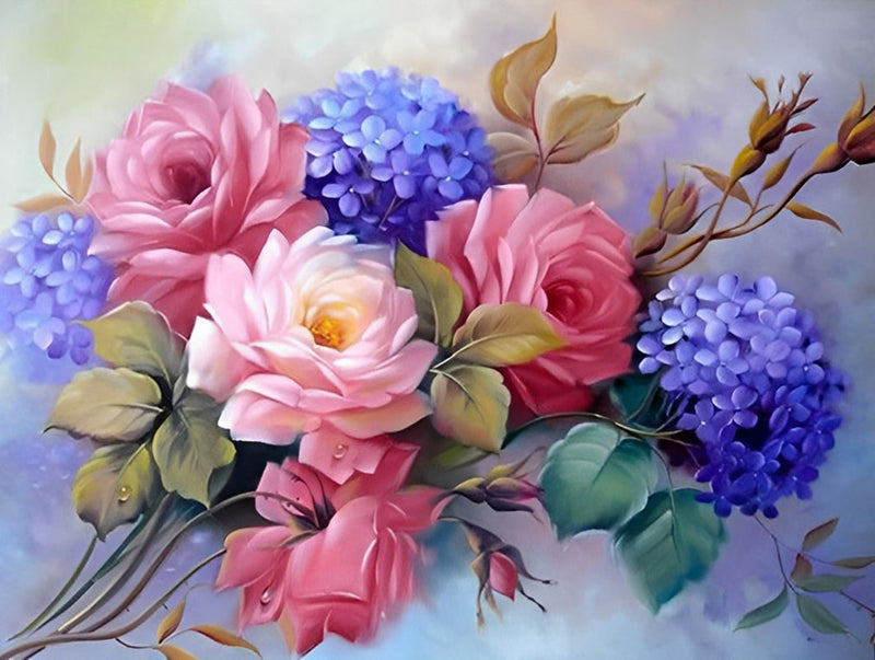 Roses et Hortensias Broderie Diamant
