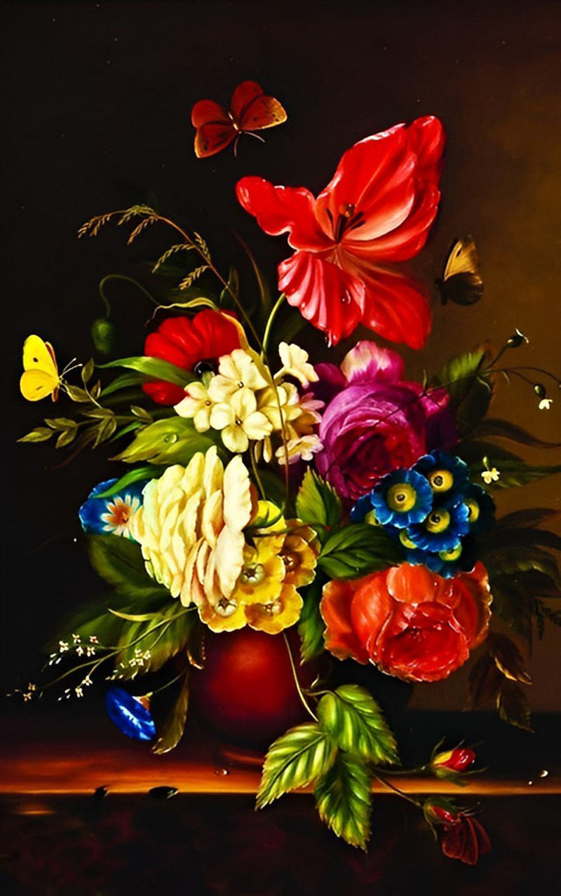 Roses et Iris avec des Papillons Broderie Diamant